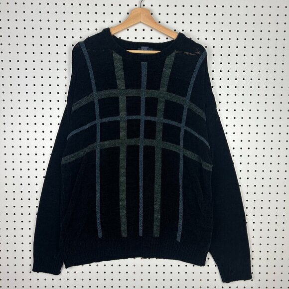 Dockers SOFT Chunky Knit Sweater Size Large Black Blue Striped Golf‎ Grandpa 90s - Picture 1 of 5